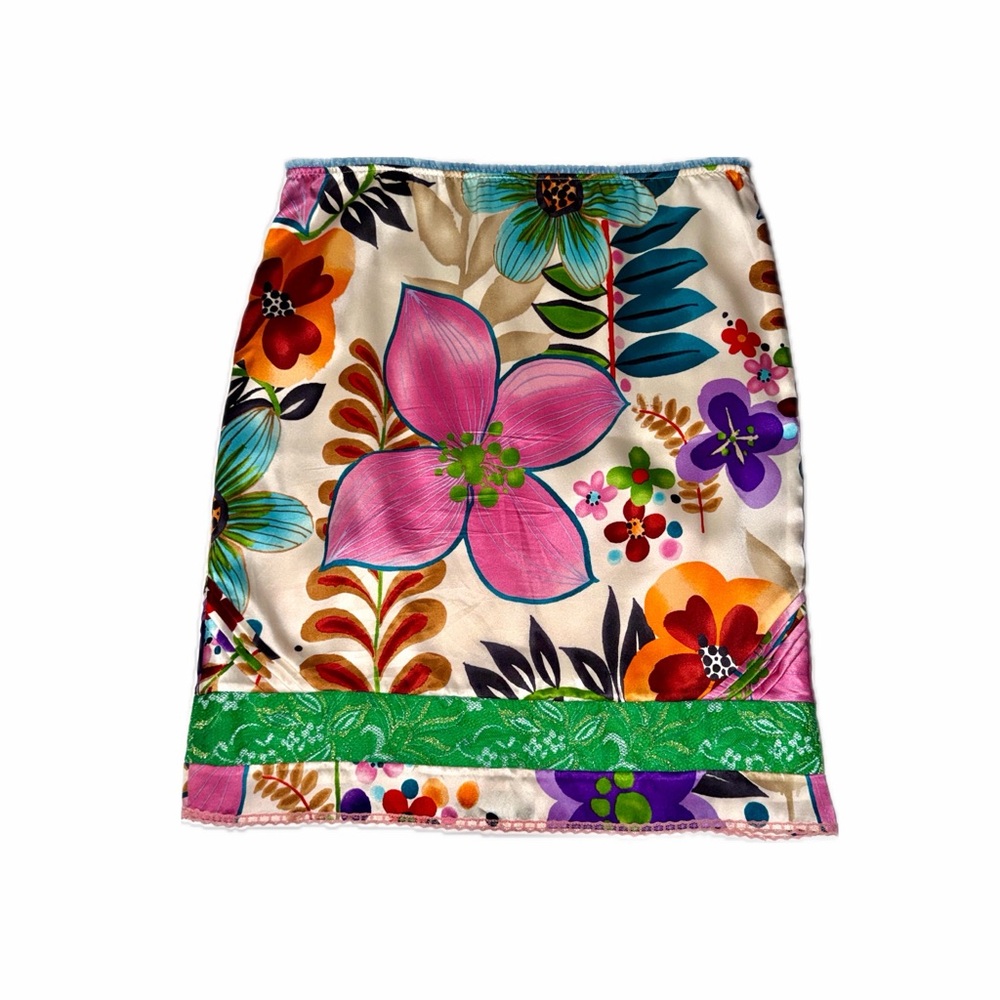 CUSTO BARCELONA Colorful Floral Print Ruffle Lace Trim Silk Skirt, size 2 - Picture 3 of 12